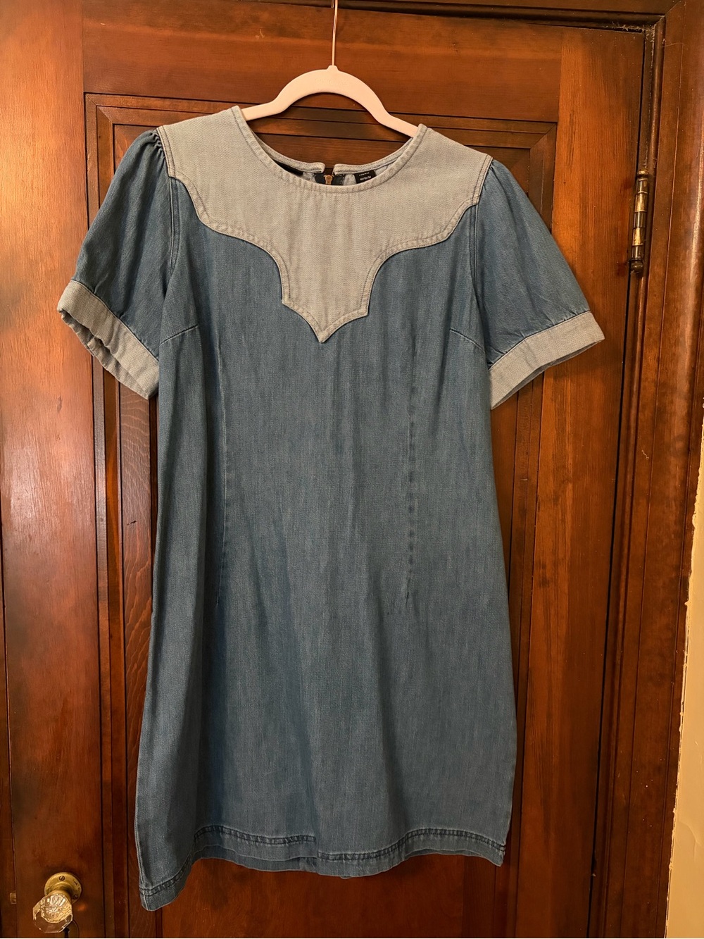 Women's Two-Tone Denim Shift Dress in Light and Medium Blue